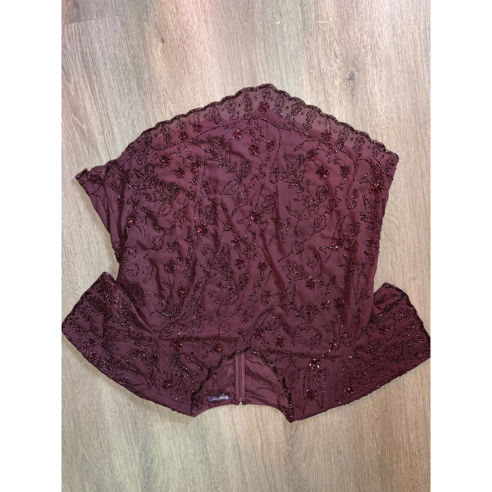 Vintage Burgundy Beaded Sequin Floral Top Plus 26W Evening Blouse Scalloped B5